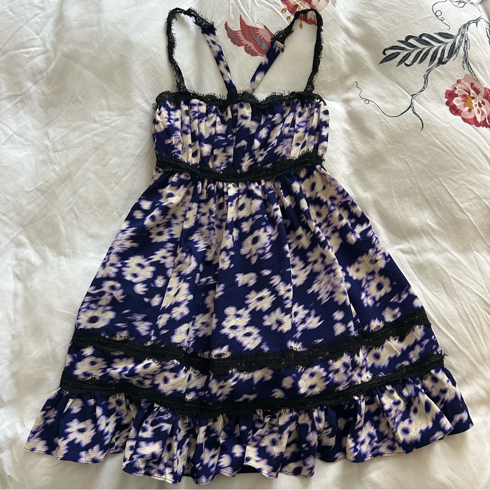 Urban Outfitters Eliana strappy back floral lace babydoll mini dress in blue